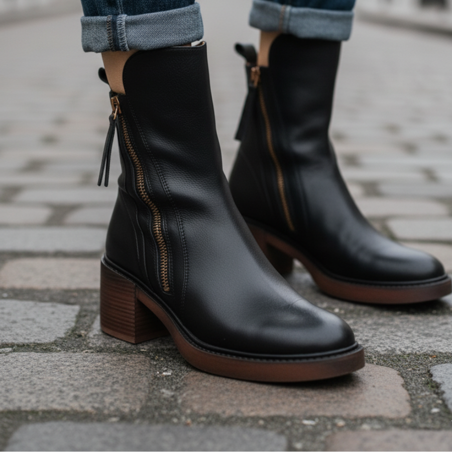 Close-up of black leather boots with zippers on a cobblestone pavement, worn with jeans.