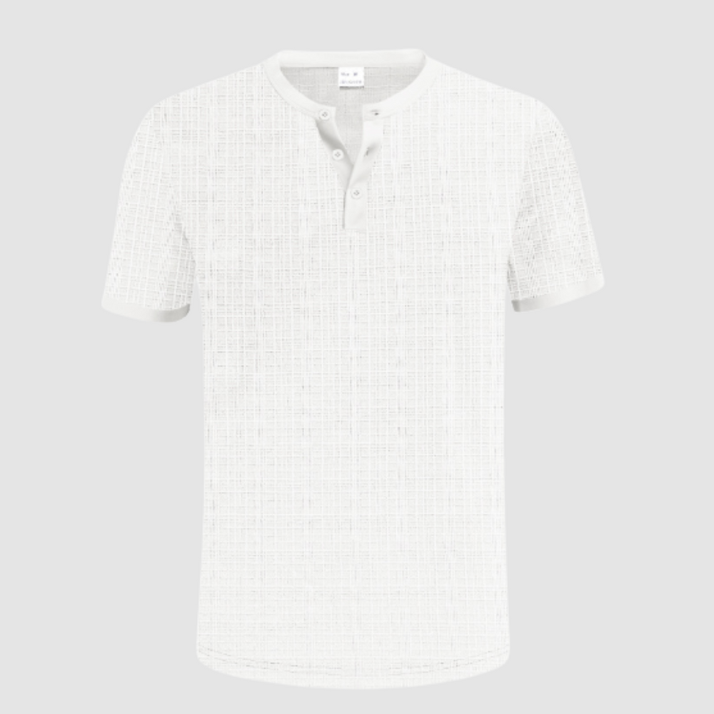 White short-sleeve shirt featuring gridline texture, three-button Henley neck, studio setting with white backdrop.