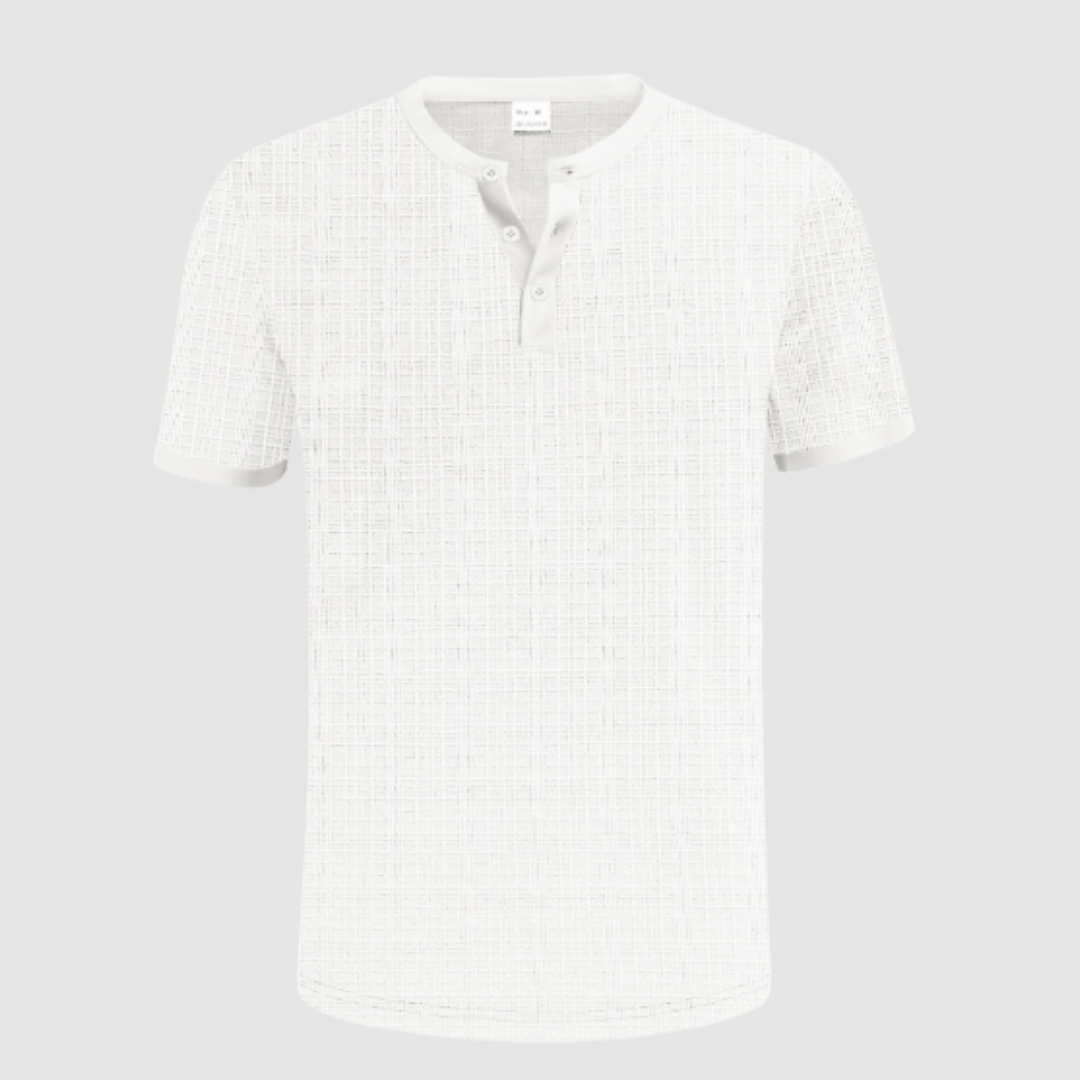 White short-sleeve shirt featuring gridline texture, three-button Henley neck, studio setting with white backdrop.