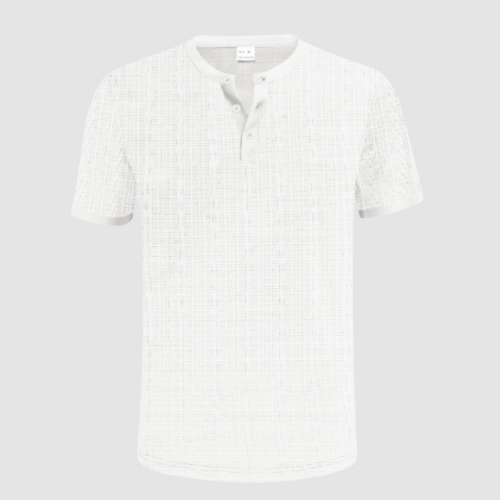 White short-sleeve shirt featuring gridline texture, three-button Henley neck, studio setting with white backdrop.