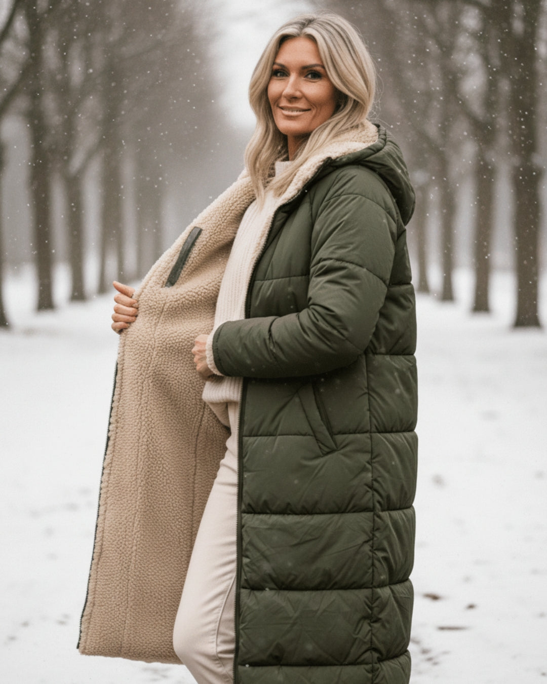 Woman showcasing green coat&