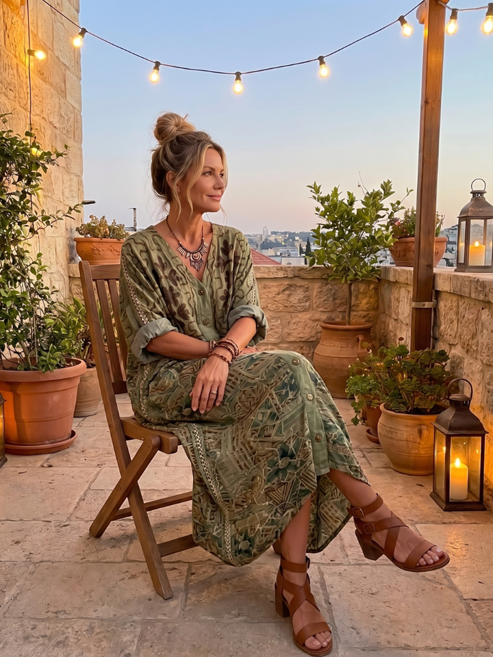 Model sitting outdoors on a terrace at sunset wearing Aleta midi dress, surrounded by plants and lanterns.
