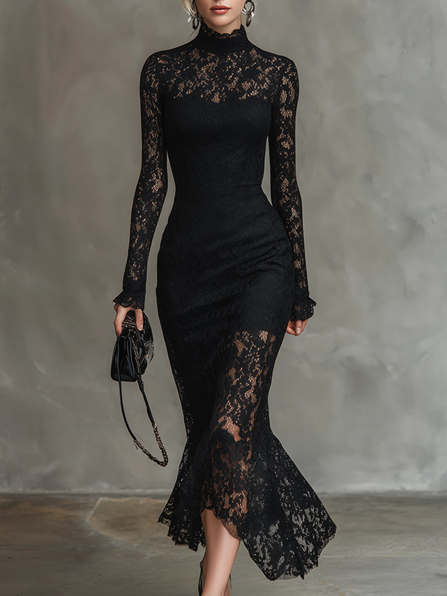 Elegant black lace maxi dress with long sleeves and high neckline, held in a studio setting.