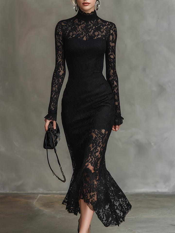 Elegant black lace maxi dress with long sleeves and high neckline, held in a studio setting.