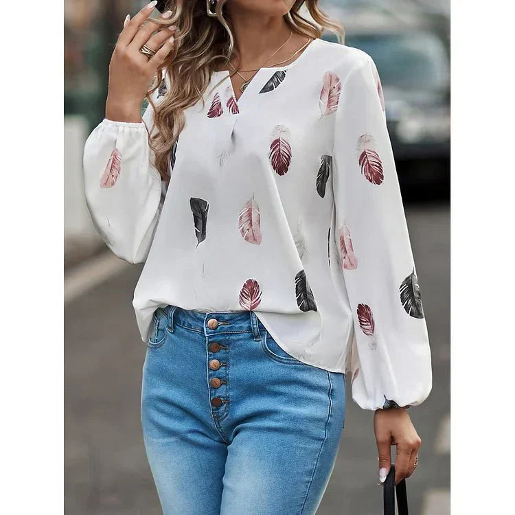 Gracey – Feather Print V-Neck Bell Sleeve Tee