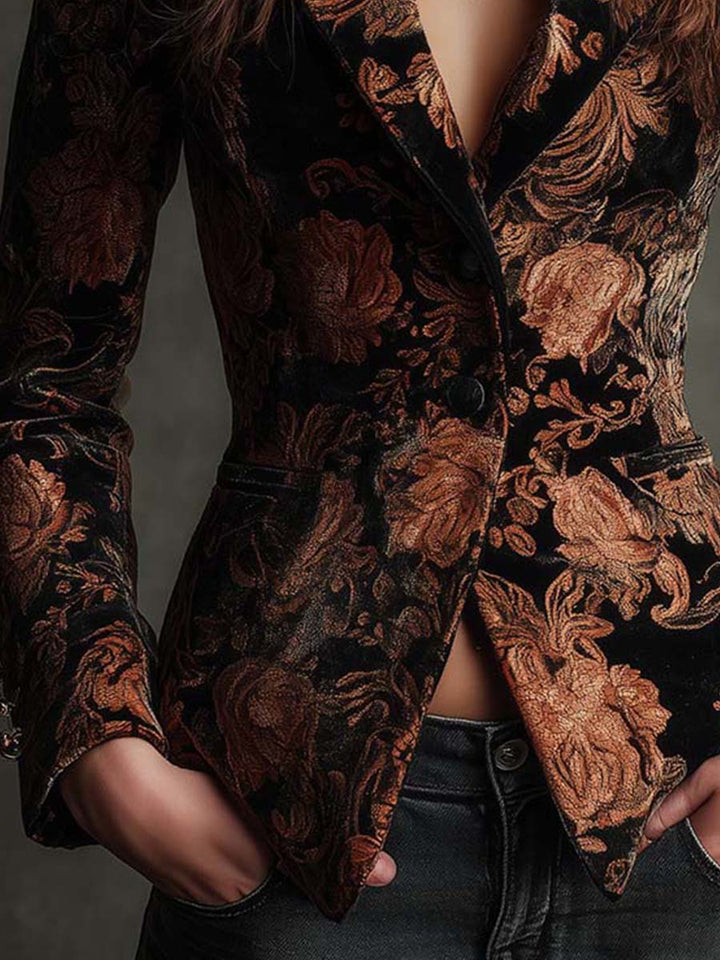 Ava | Tailored Blazer in Black and Bronze with Floral Design