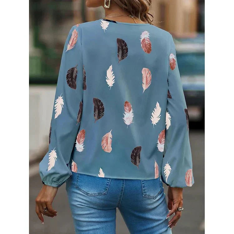 Gracey – Feather Print V-Neck Bell Sleeve Tee