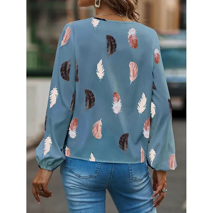 Gracey – Feather Print V-Neck Bell Sleeve Tee