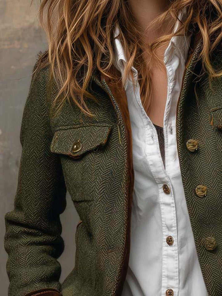 Honorine | Olive Herringbone Button Jacket