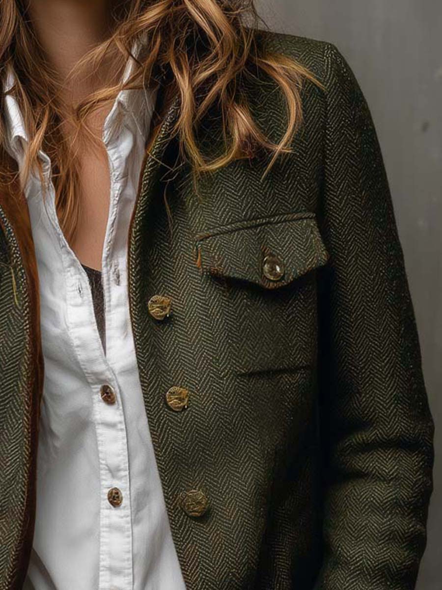 Honorine | Olive Herringbone Button Jacket