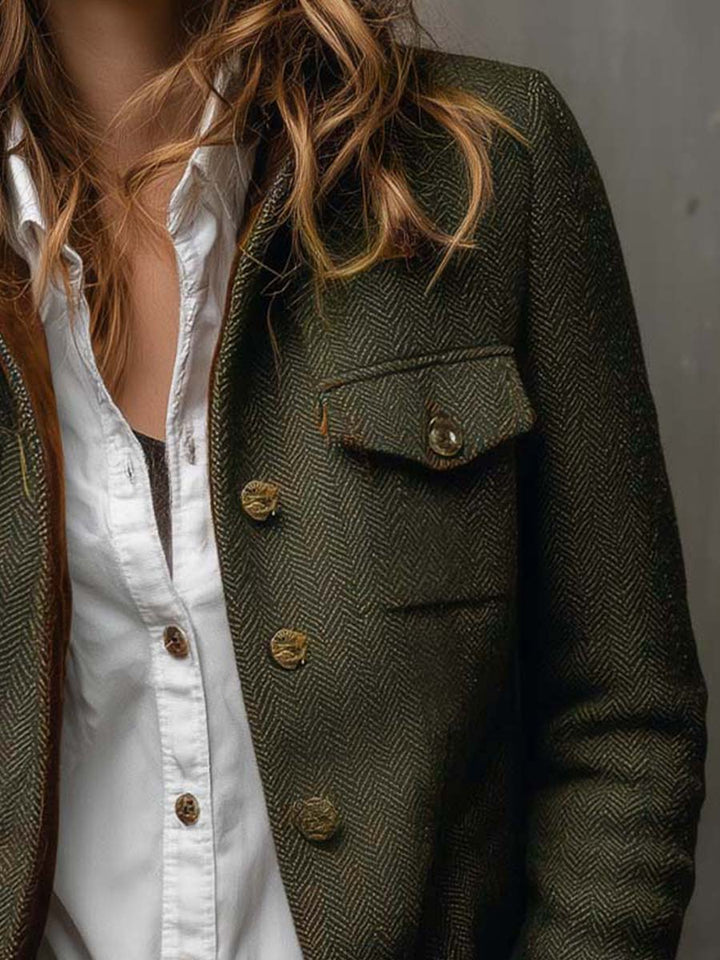 Honorine | Olive Herringbone Button Jacket