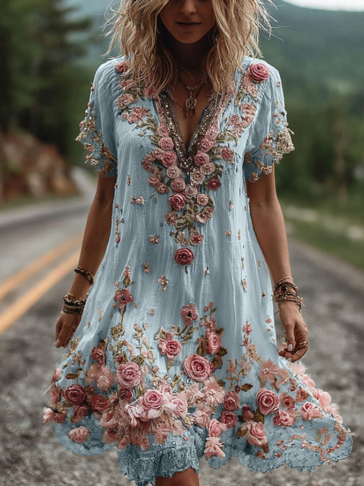 RUBY | BLOSSOM EMBROIDERED V-NECK DRESS