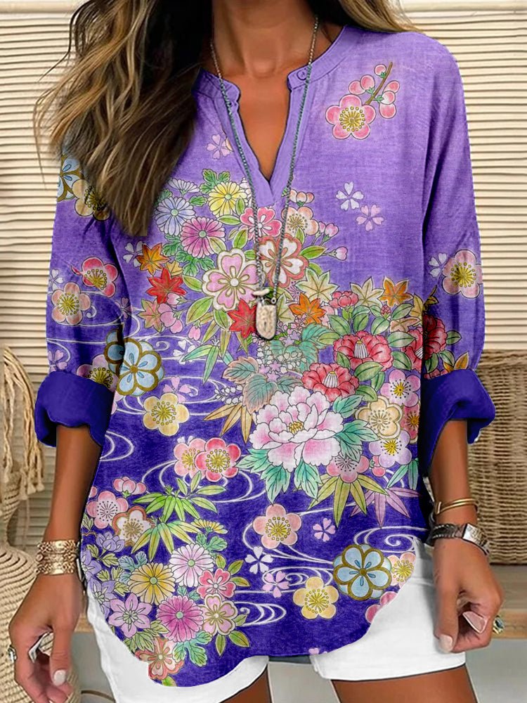 Arah – Floral V-Neck Top with Long Sleeves
