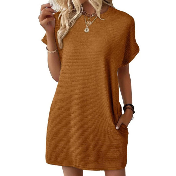 Rich brown casual dress featuring a relaxed fit and short sleeves, styled with bracelets and necklaces.