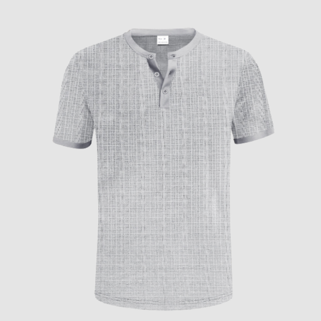 Light gray short-sleeve shirt with gridline pattern, buttoned Henley neckline, studio setting with white background.