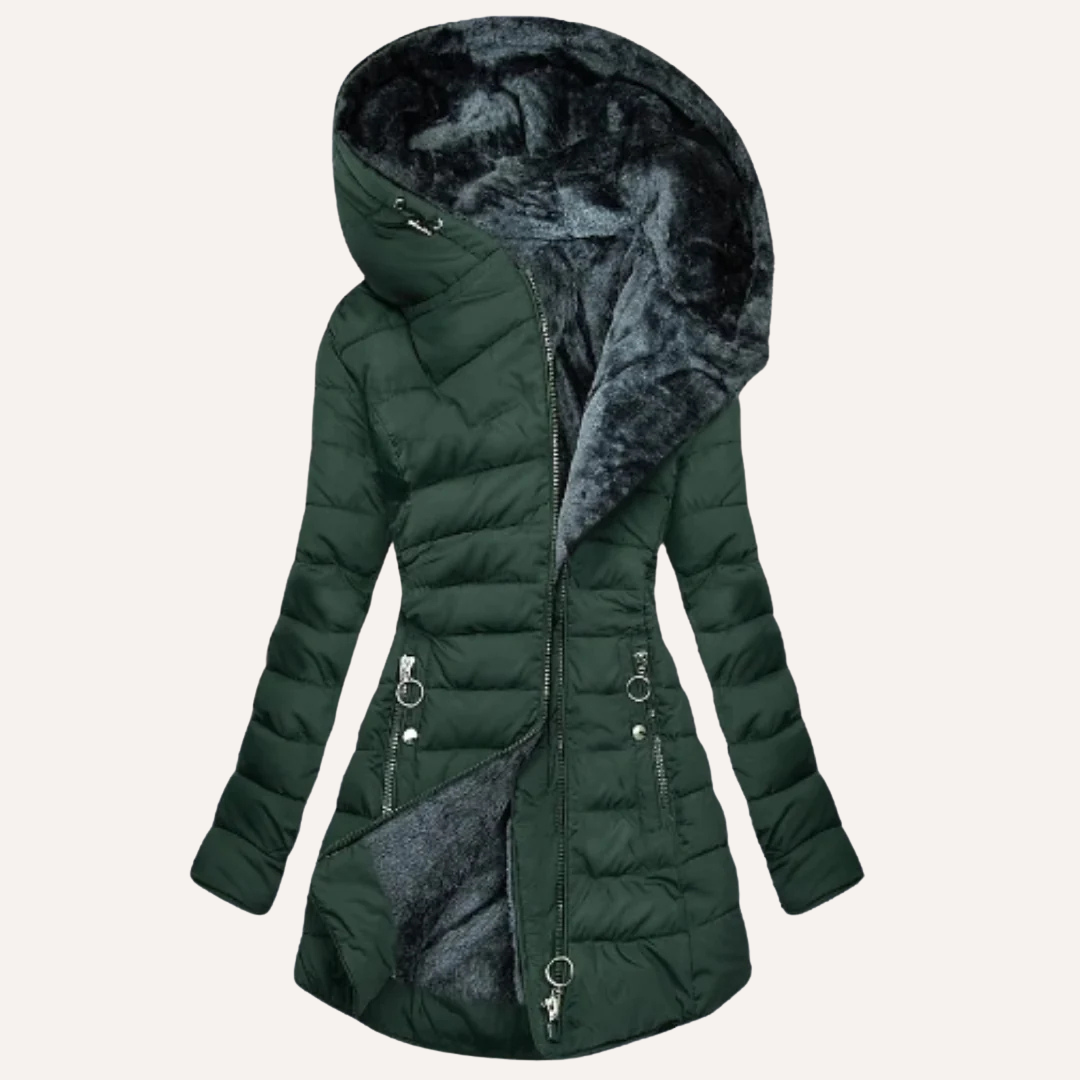 Dark green fur-lined down jacket with hood, partially zipped, showing lining, studio background.