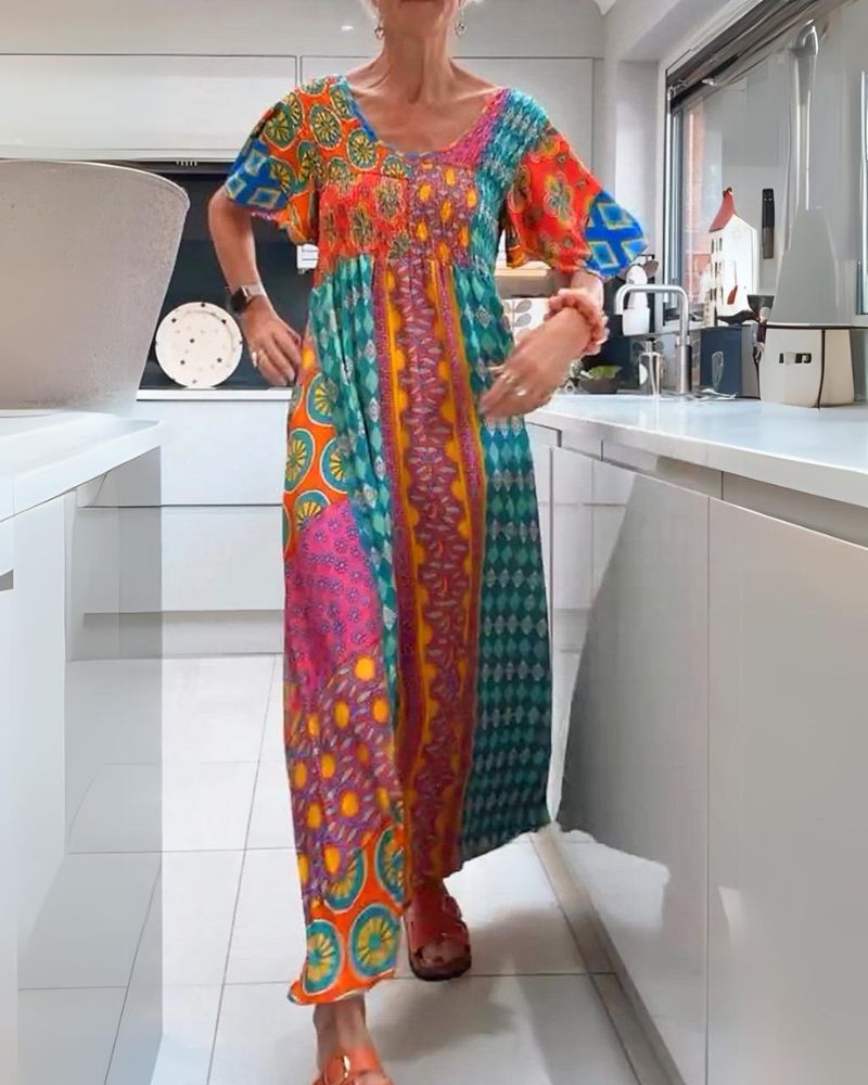 Cindy – Printed Boho Maxi Dress with Smocked Bodice
