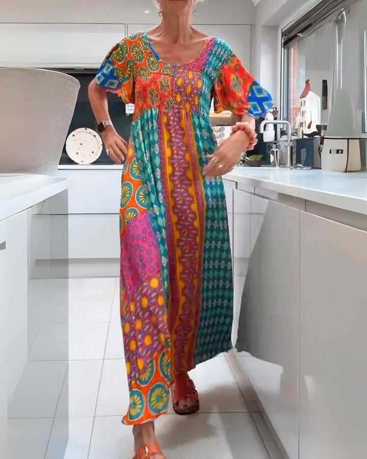 Cindy – Printed Boho Maxi Dress with Smocked Bodice