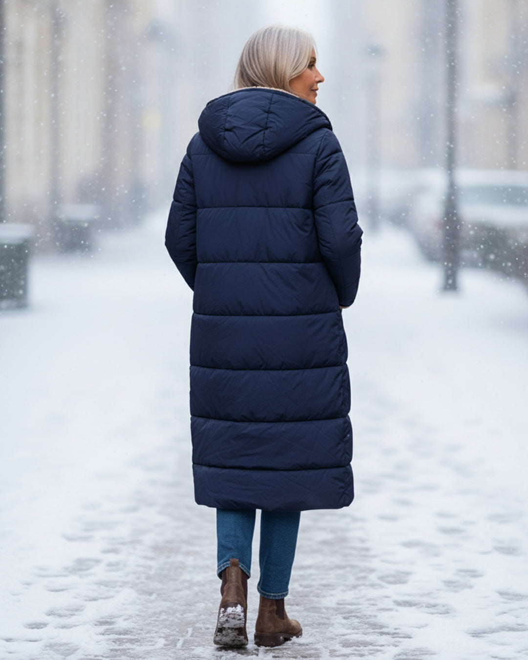 Back view of woman in blue coat, walking on a snowy city street.
