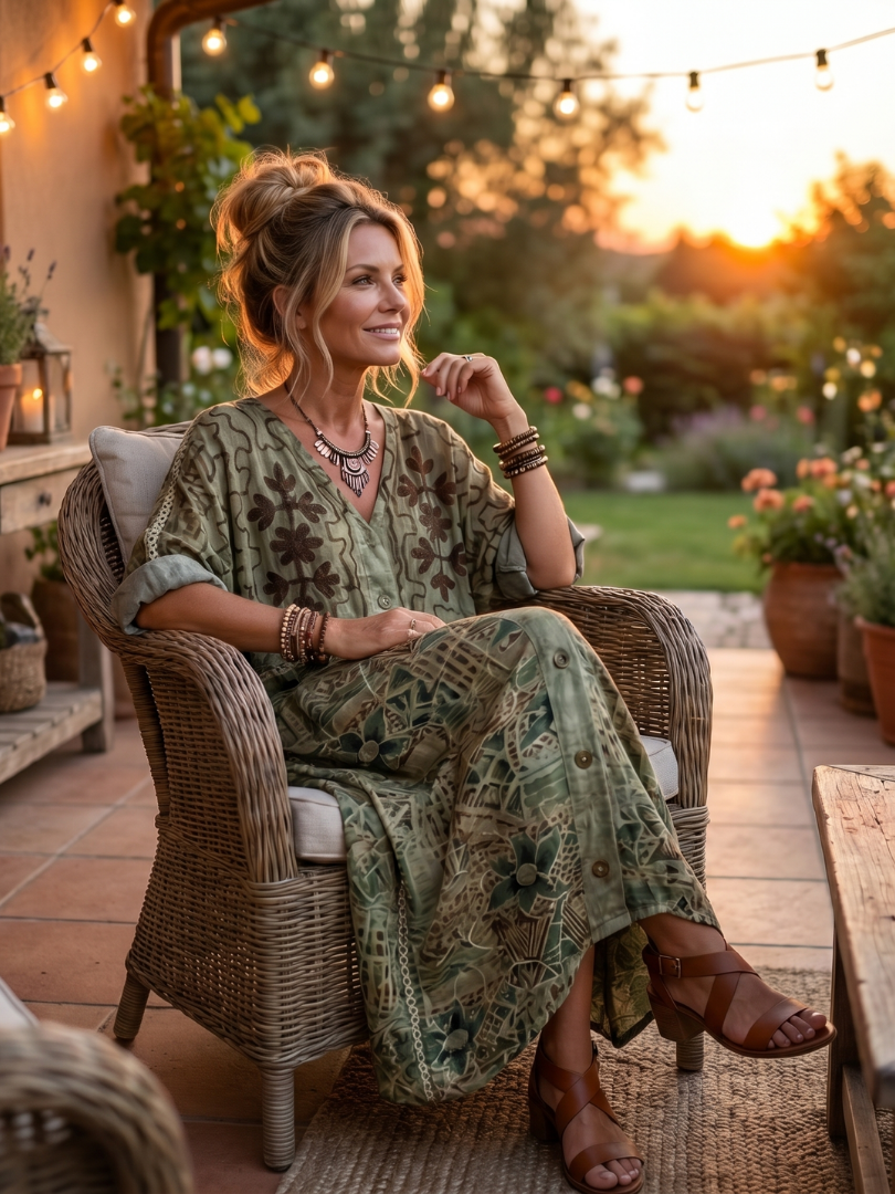 Model in Aleta midi dress sitting on outdoor chair at sunset, surrounded by garden and string lights.