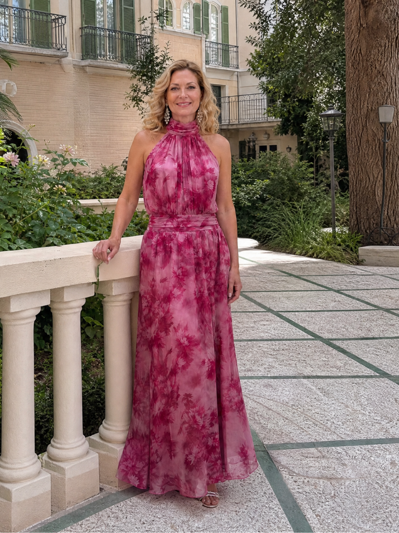 Woman in pink floral halter neck midi dress leaning on balustrade, outdoor garden setting.