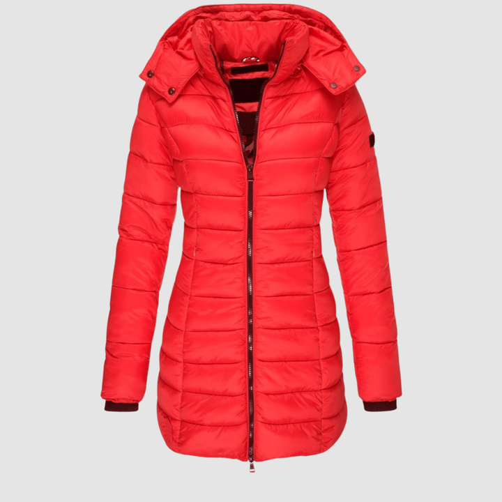 Elegant red puffer jacket with a hood, displayed in a studio setting against a light gray background.