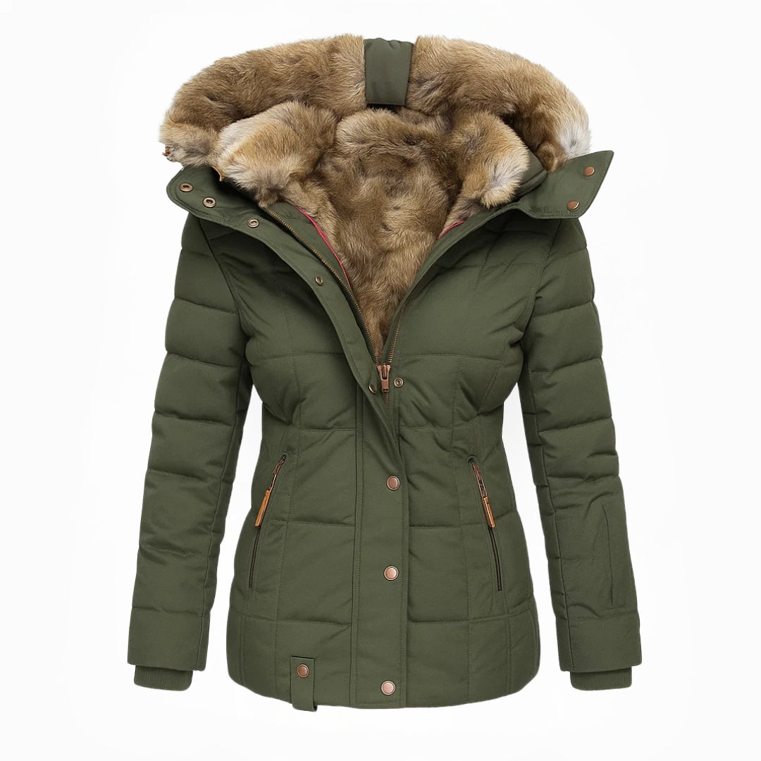 Green winter coat with fur-lined hood, front view, white background.