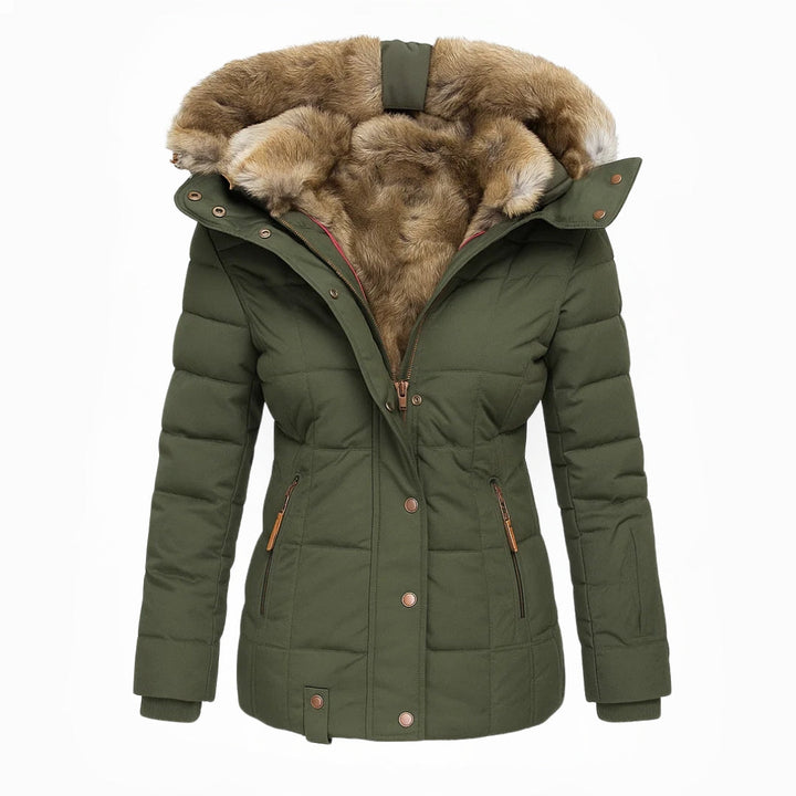 Green winter coat with fur-lined hood, front view, white background.