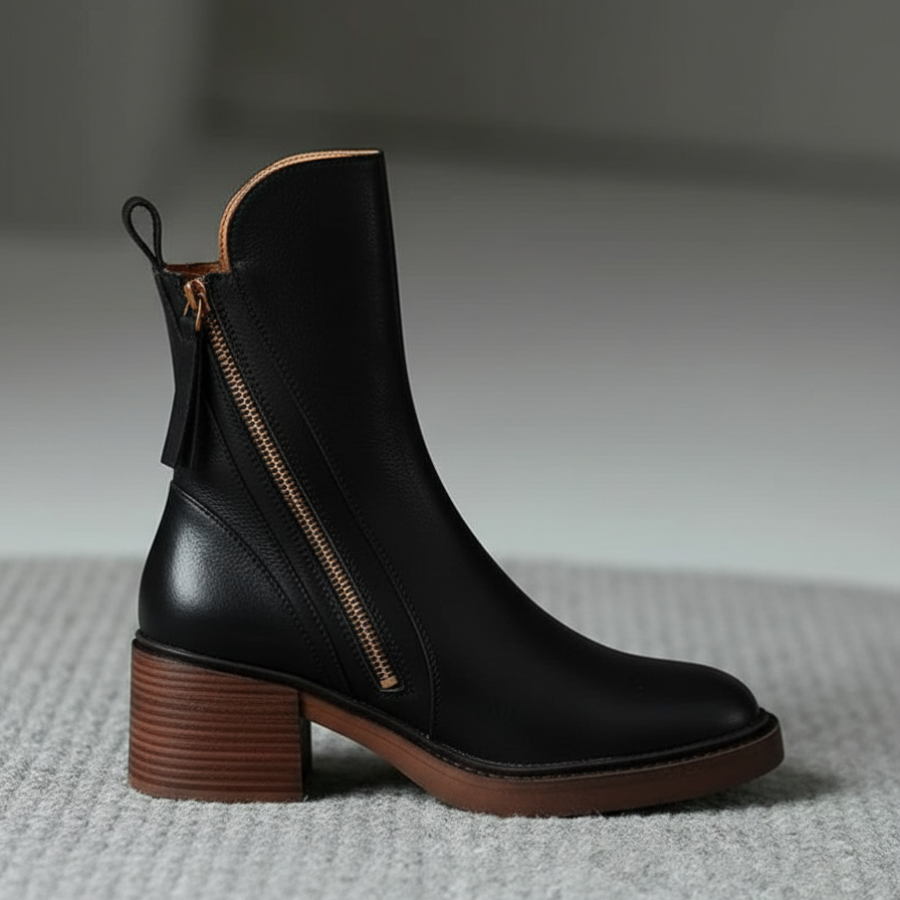Side view of black leather boot with zipper on a textured carpet, showcasing sleek design.