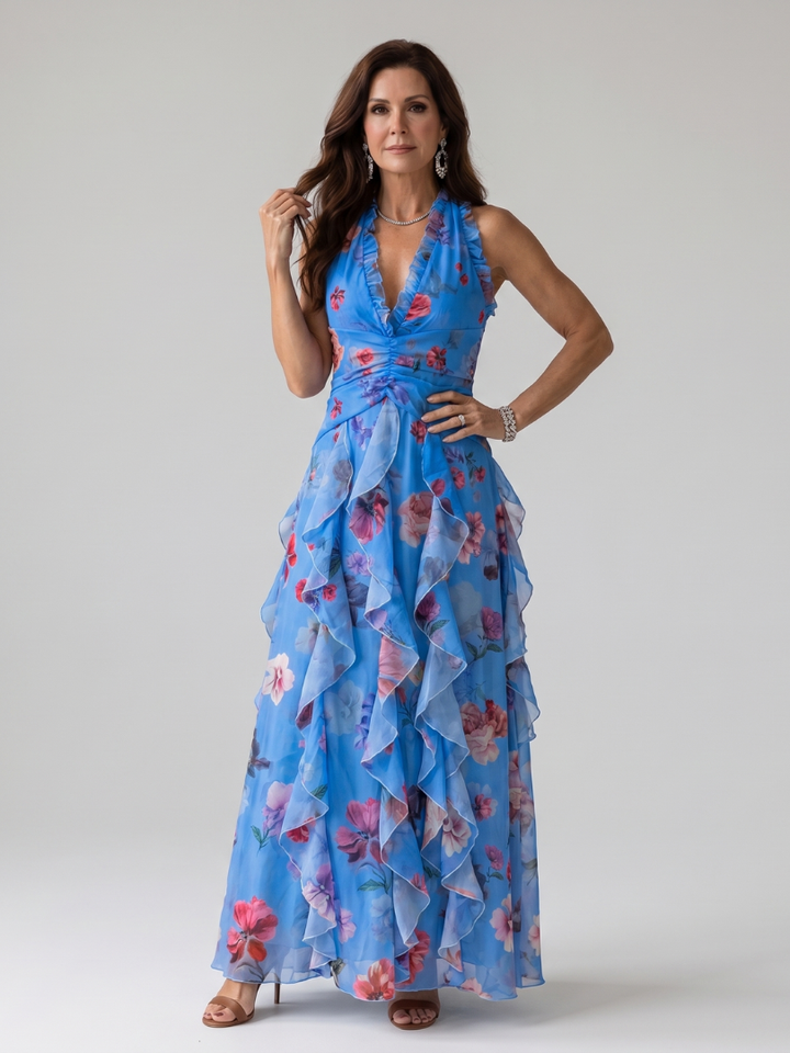 Nori™ Halter Neck Ruched Bodice Floral Maxi Dress