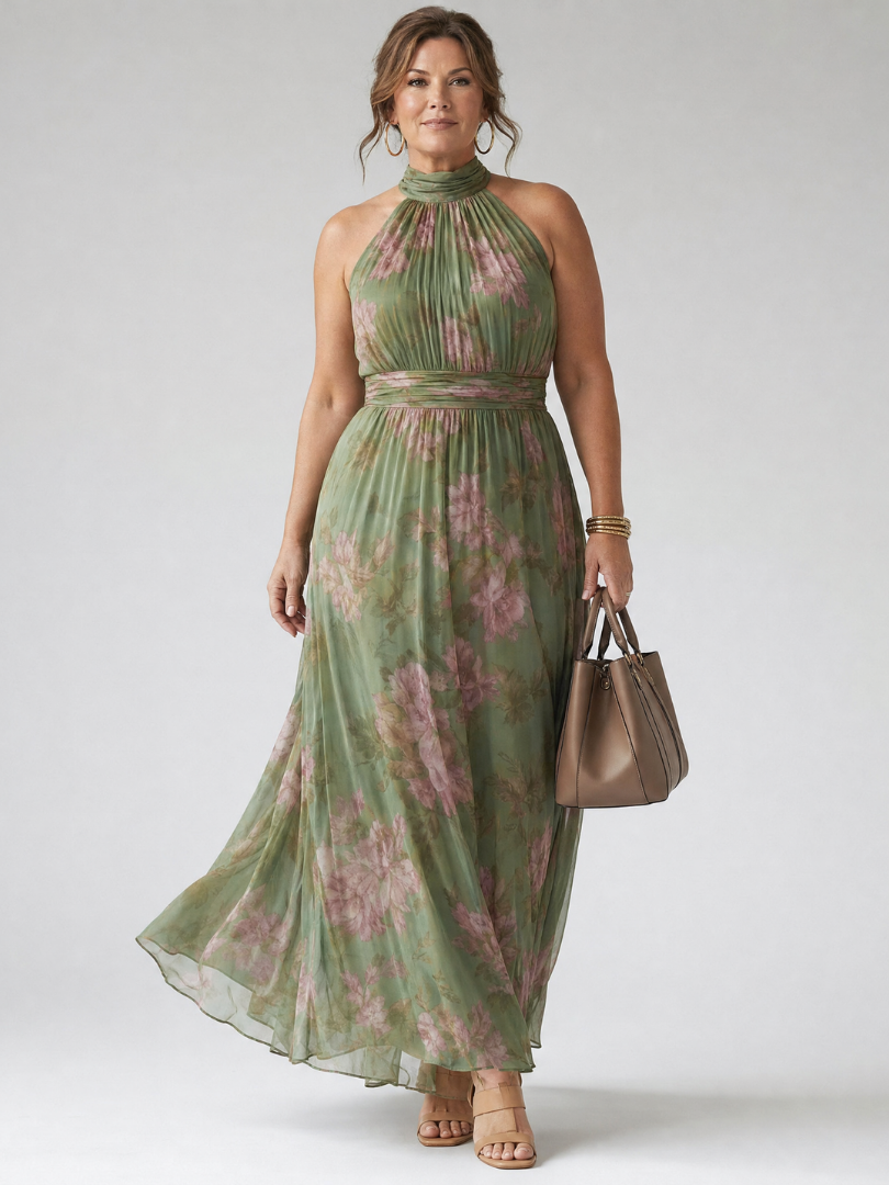Model in green floral halter midi dress holding a beige handbag, studio environment.