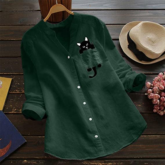 Catrina – Cat Print Blouse with V-Neck
