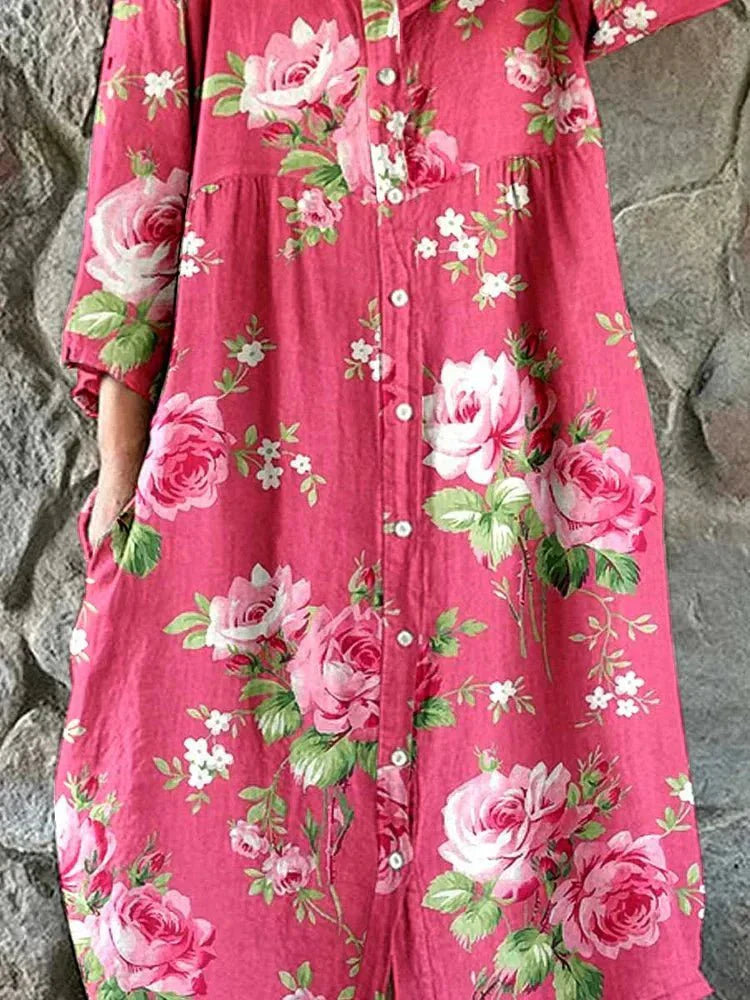 Maddie – Floral Midi Shirt Dress with V-Neck