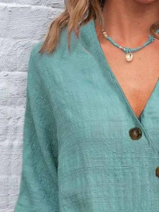 Zele – V-Neck Long Sleeve Top with Cuff Detail