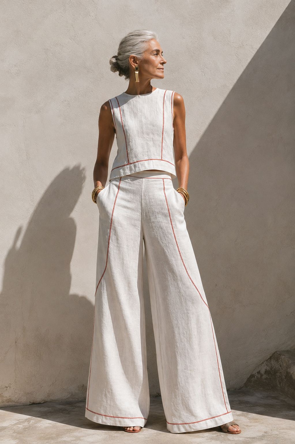 Elegant white pants set with contrast stitching, worn by woman in outdoor setting with neutral wall.