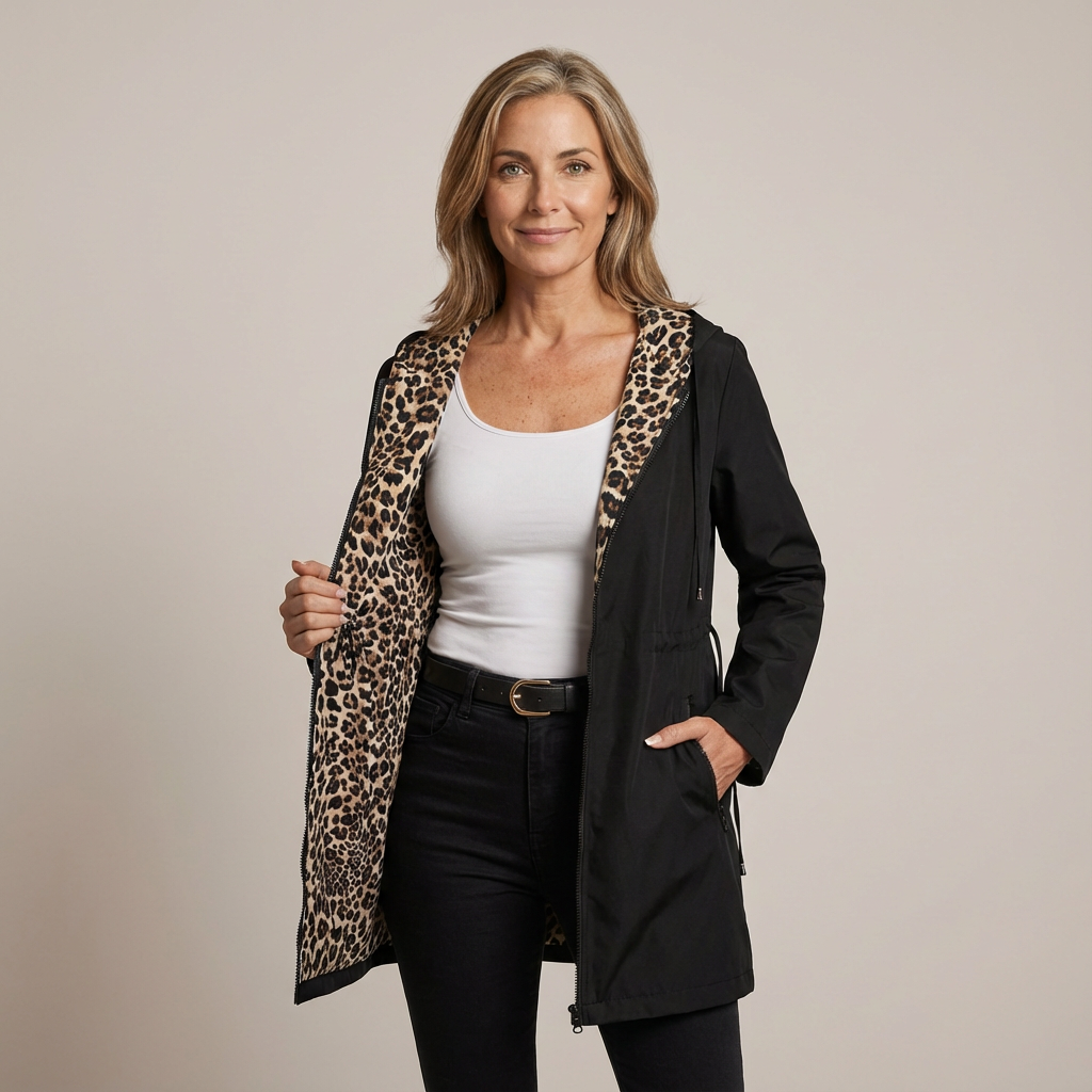 Woman in black reversible hooded coat with leopard print lining, studio background.