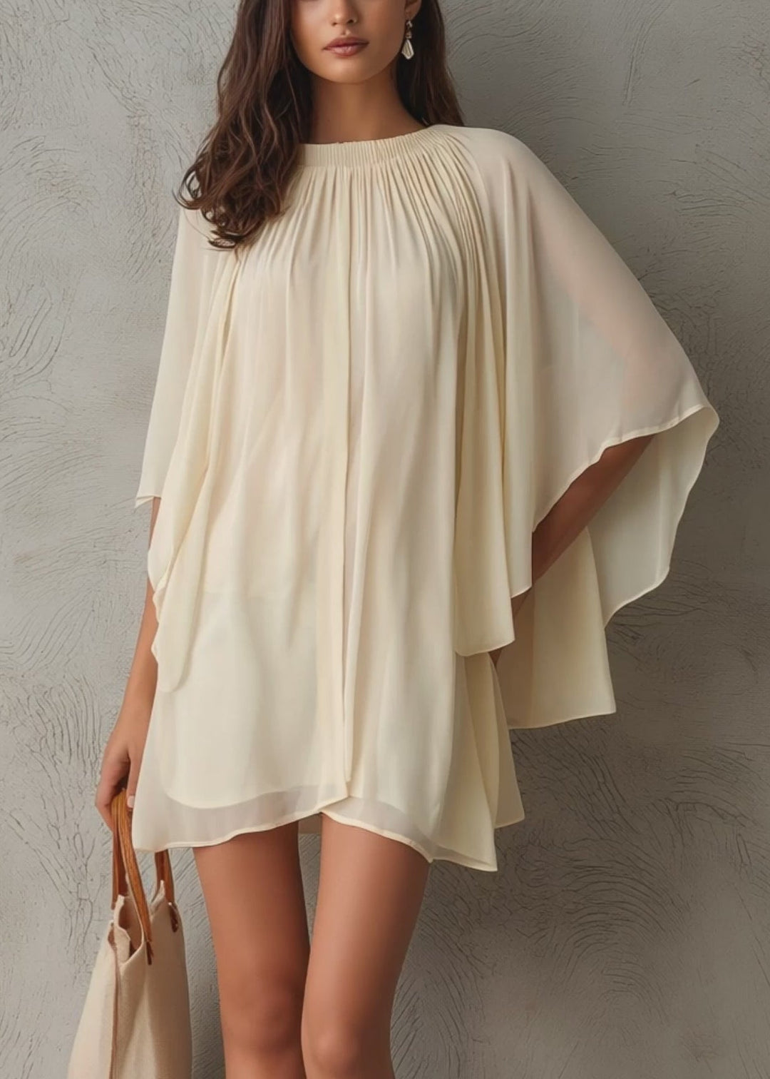 Cream mini dress with flowing cape sleeves and a tote bag, showcased in front of a textured wall.