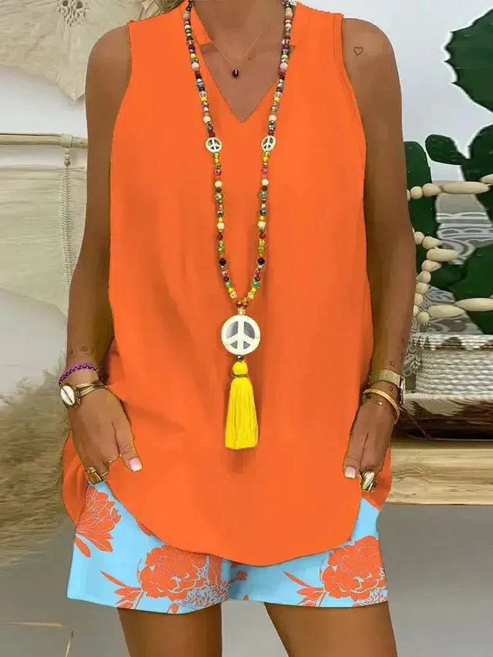 Elise – Two-Piece Set Sleeveless V-Neck Print