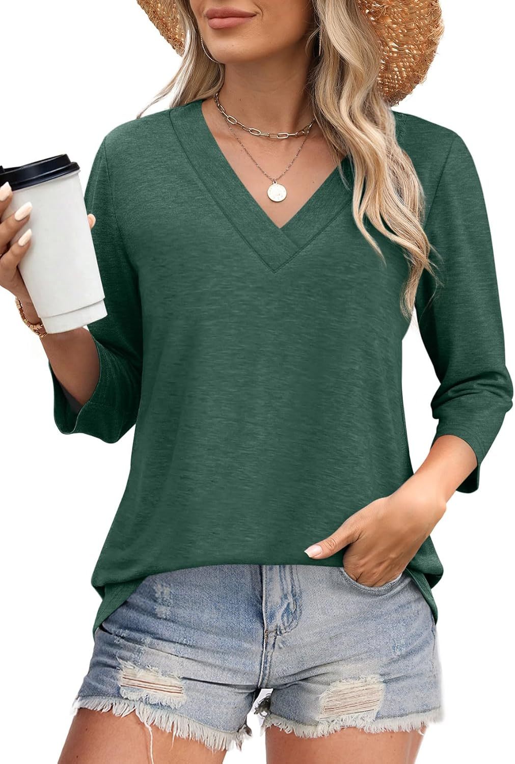 Anita – Loose V-Neck Blouse with 3/4 Sleeves