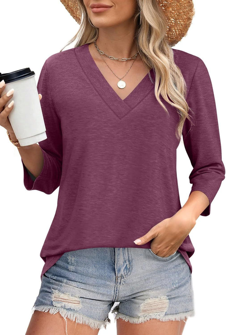 Anita – Loose V-Neck Blouse with 3/4 Sleeves