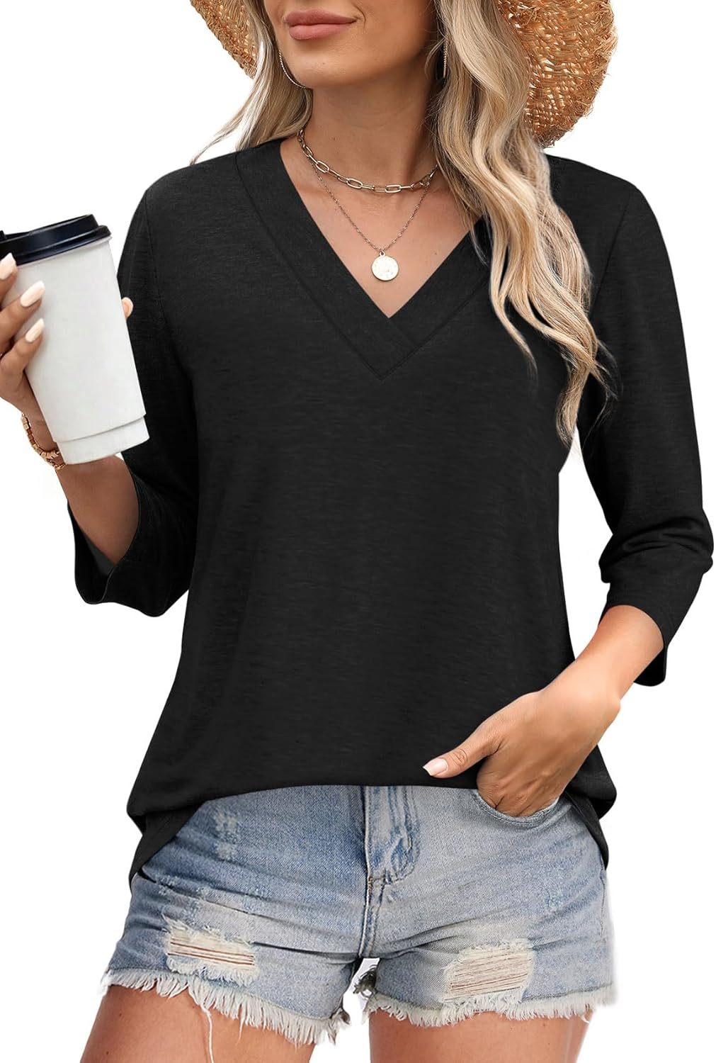 Anita – Loose V-Neck Blouse with 3/4 Sleeves