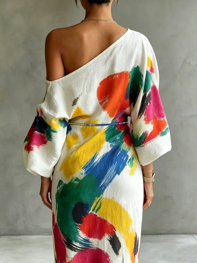Back view of an off-shoulder maxi dress featuring a vivid abstract pattern, against a gray backdrop.
