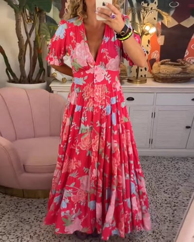 Izara – Floral V-Neck Maxi Dress with Elastic Waist