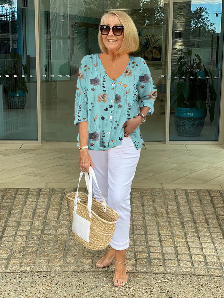 Joanne – Printed Button Tunic V-neck Top
