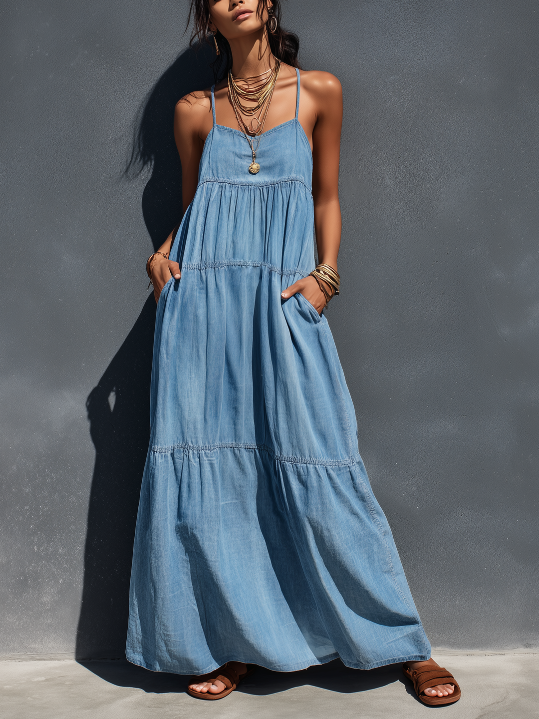Woman wearing a casual loose-fitting blue suspender maxi dress, posing against a gray wall, accessorized with gold jewelry.
