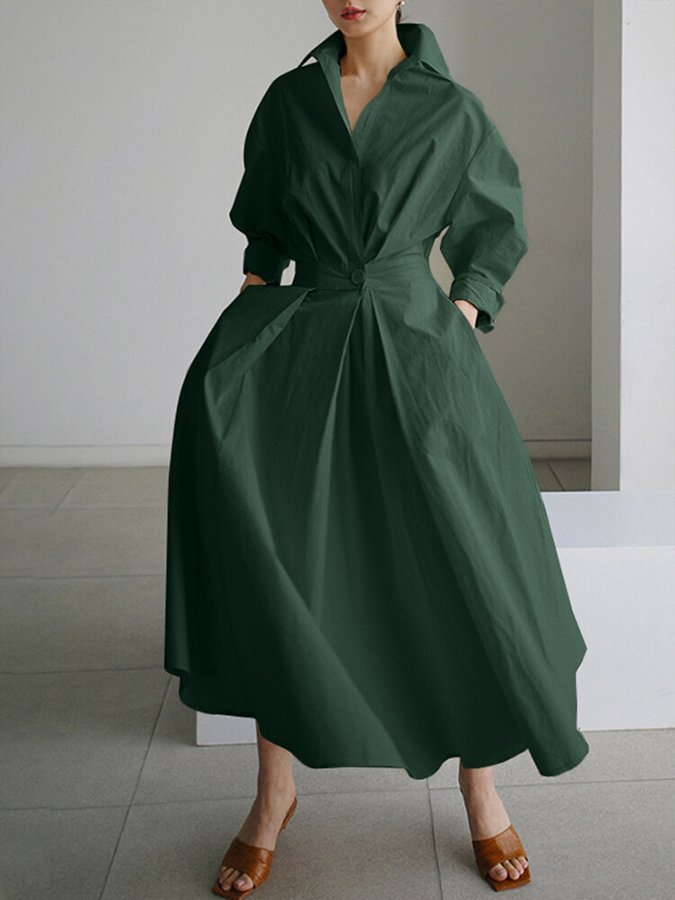 Luni – Lapel Collar Maxi Dress with Swing Skirt