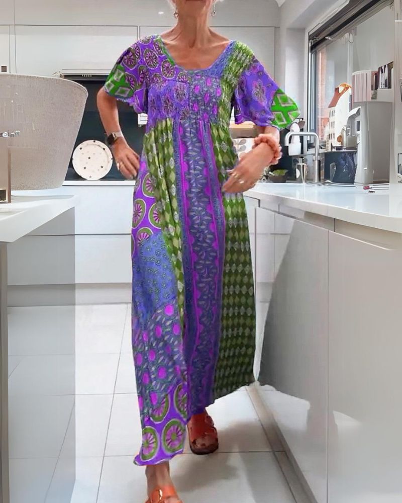 Cindy – Printed Boho Maxi Dress with Smocked Bodice