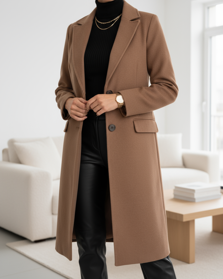 Brown long coat with buttons, worn over black outfit, accessorized with a watch in a bright, modern living room.