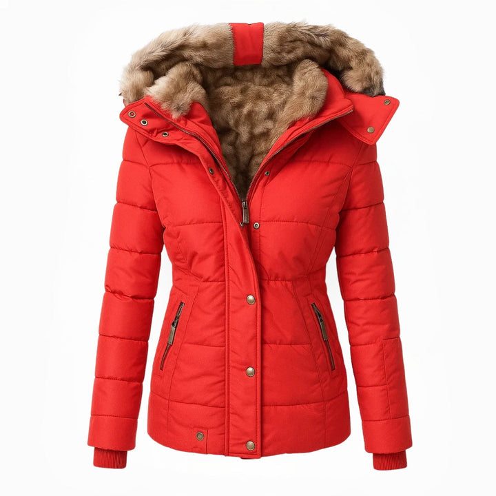 Red winter coat with fur-lined hood, front view, white background.