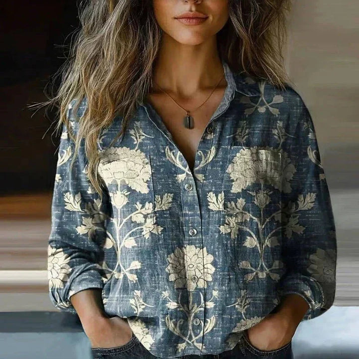 Emma – Vintage Printed Blouse with Lapel Collar